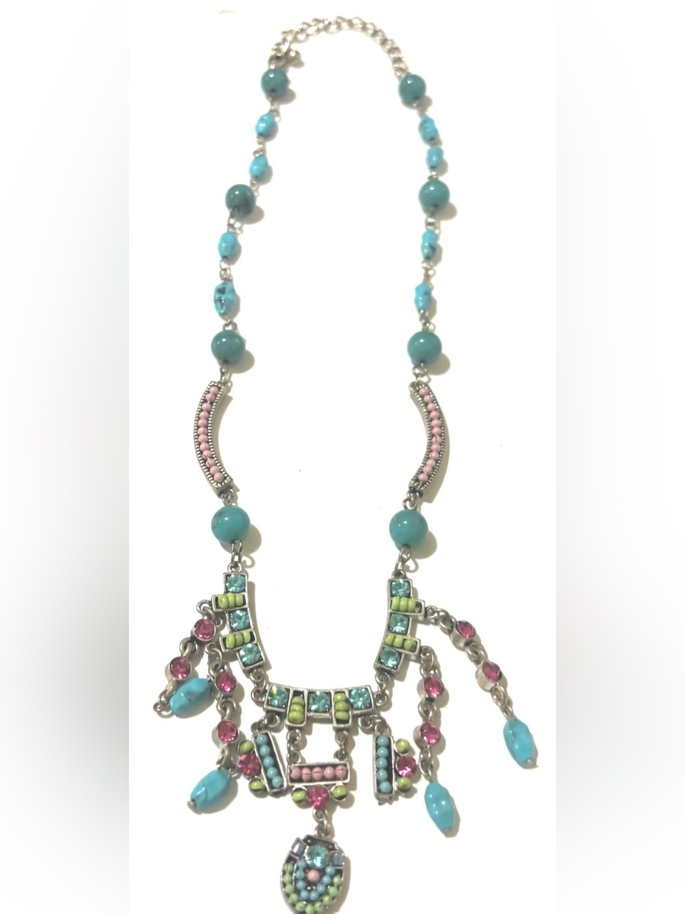 Fashion Jewelry Turquoise, Pink & Lime Beaded Statement Necklace